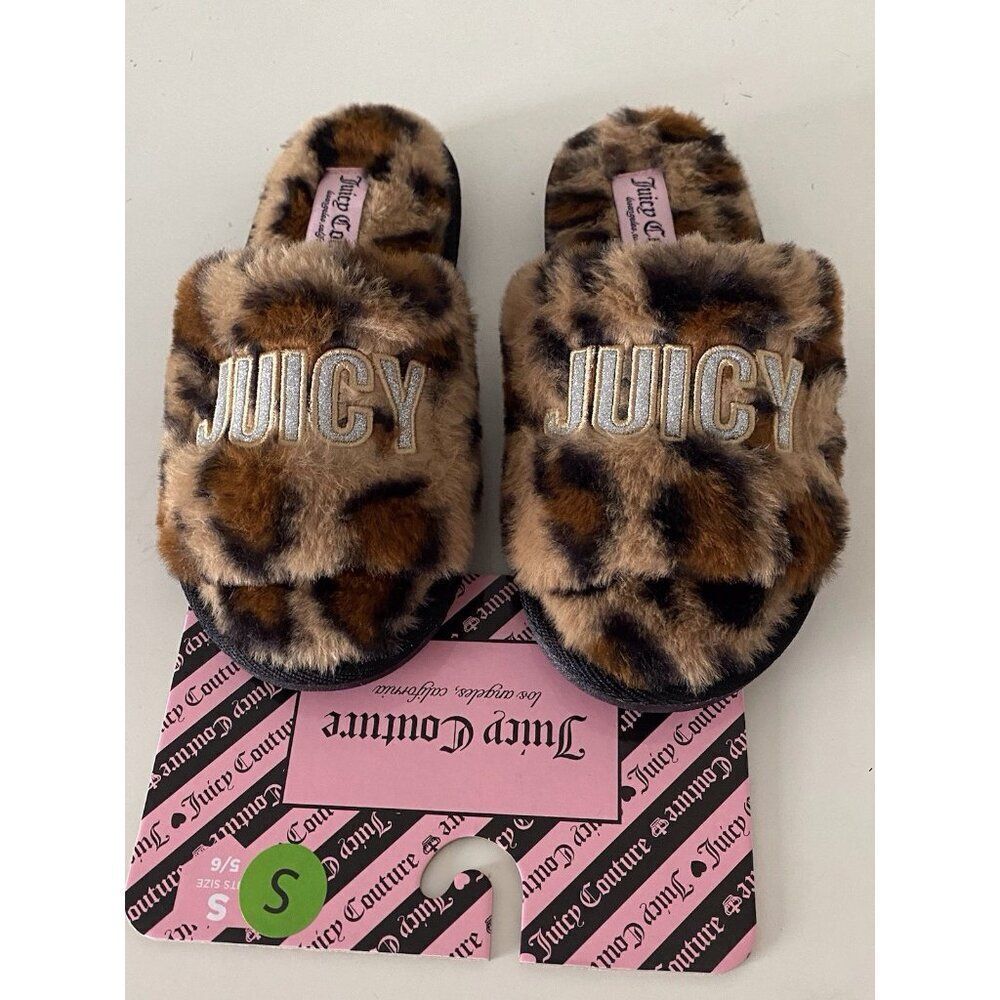 Juicy Couture ELDORIS 2 Faux Fur LEOPARD Slip On Slide Slippers Women’s Sz S 5/6